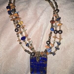 Multi-Strand Blue Glass Pendant Necklace with Mixed Beads
